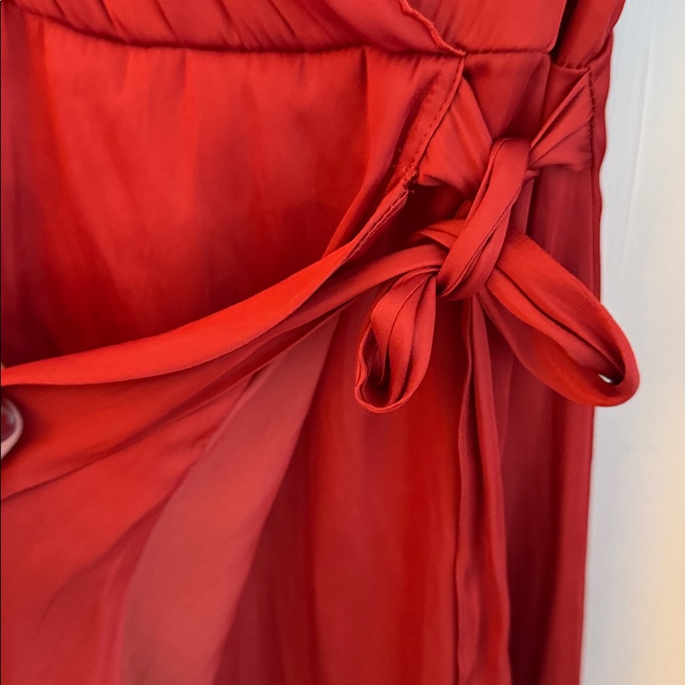 PAIGE Parisa Red Satin Ruffled Scalloped Cross-Front Wrap Dress Size Small - Picture 10 of 10